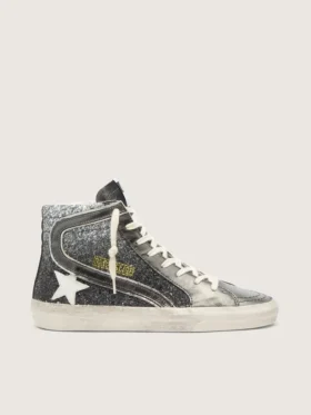 Women's Slide in black and silver glitter with leather star and metallic flash