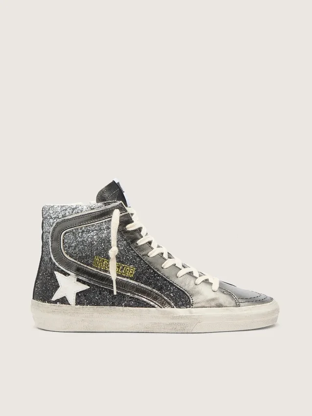 Women's Slide in black and silver glitter with leather star and metallic flash