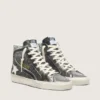 Women's Slide in black and silver glitter with leather star and metallic flash