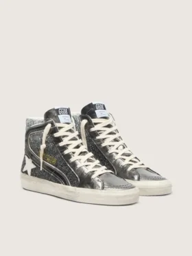 Women’s Slide in black and silver glitter with leather star and metallic flash