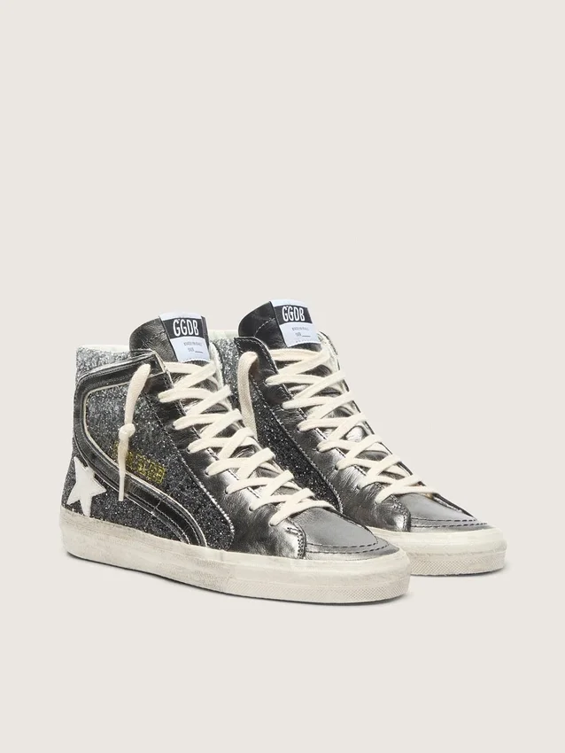Women's Slide in black and silver glitter with leather star and metallic flash
