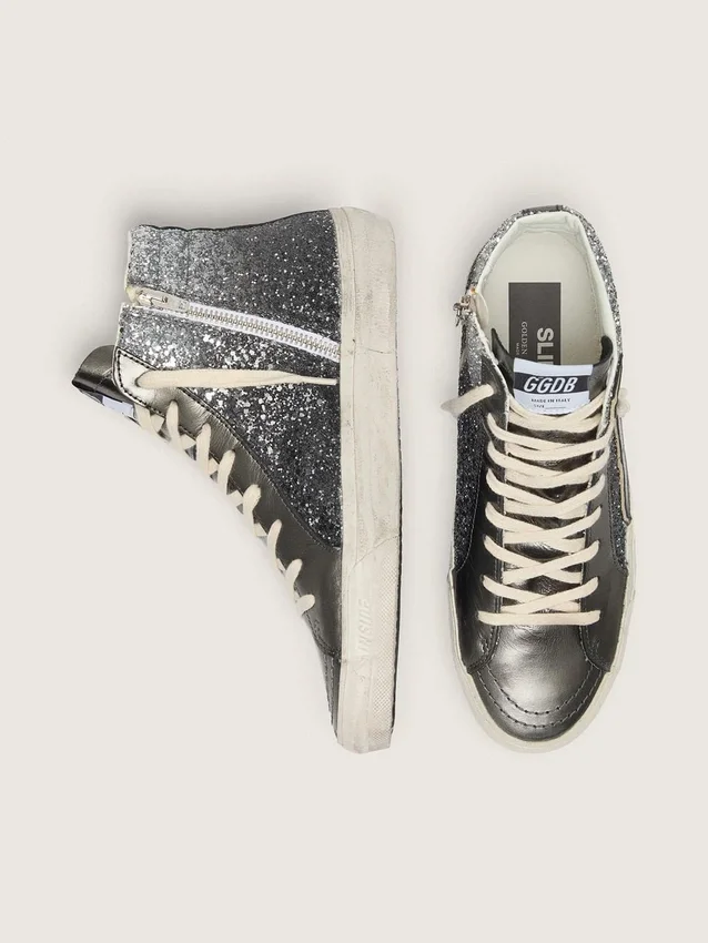 Women's Slide in black and silver glitter with leather star and metallic flash