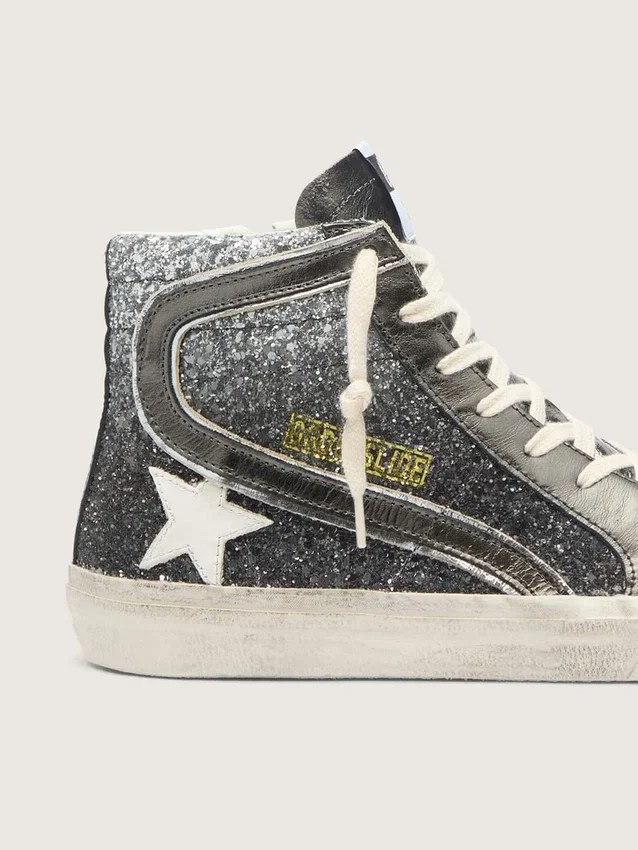 Women's Slide in black and silver glitter with leather star and metallic flash