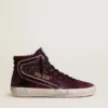 Women's Slide in black cherry glitter and suede with leather star and metallic leather flash