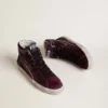 Women's Slide in black cherry glitter and suede with leather star and metallic leather flash