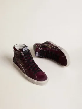 Women’s Slide in black cherry glitter and suede with leather star and metallic leather flash