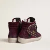 Women's Slide in black cherry glitter and suede with leather star and metallic leather flash