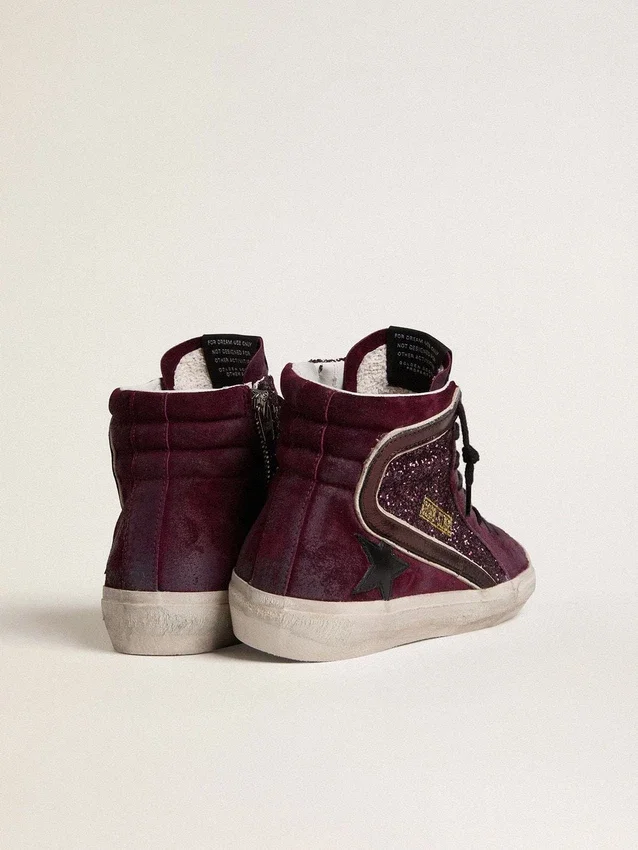 Women's Slide in black cherry glitter and suede with leather star and metallic leather flash
