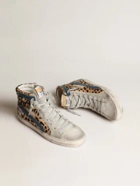 Women’s Slide in leopard print pony skin with silver leather star