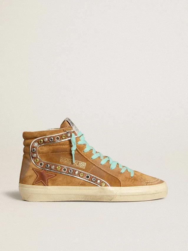 Women's Slide in ocher-colored suede with tobacco-colored leather star