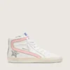 Women's Slide in white leather with silver glitter star and pink leather flash