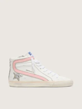 Women's Slide in white leather with silver glitter star and pink leather flash