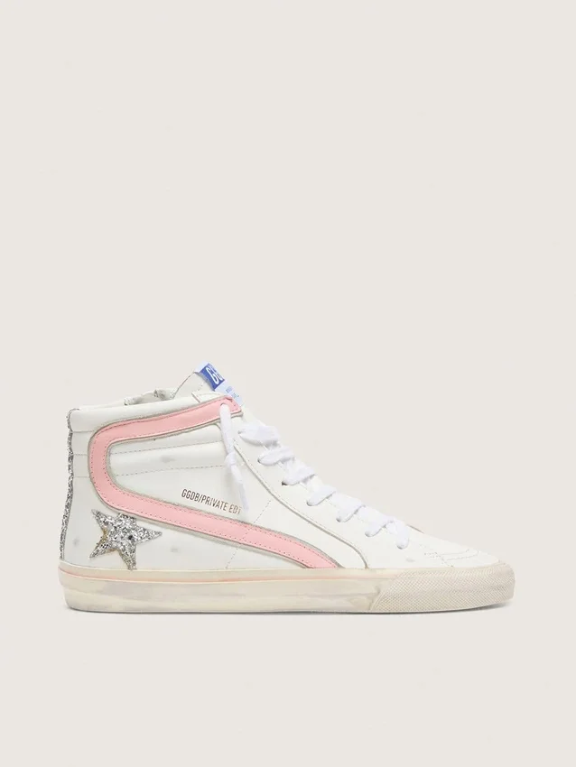 Women's Slide in white leather with silver glitter star and pink leather flash