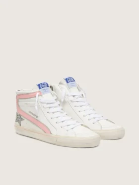 Women’s Slide in white leather with silver glitter star and pink leather flash