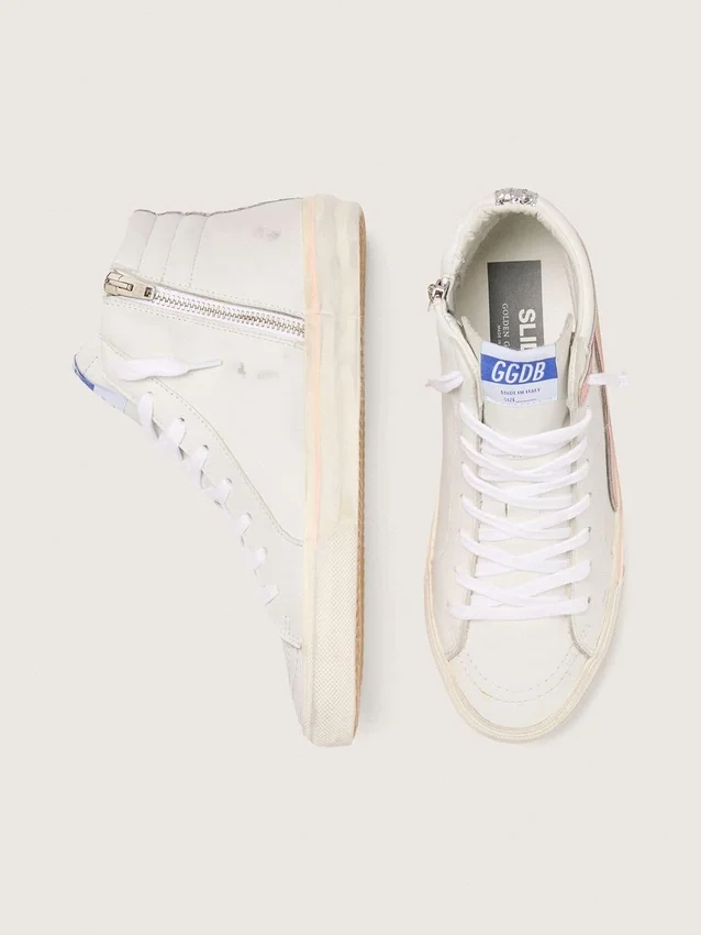 Women's Slide in white leather with silver glitter star and pink leather flash