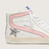 Women's Slide in white leather with silver glitter star and pink leather flash