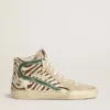 Women's Slide in zebra-print pony skin with green laminated leather flash