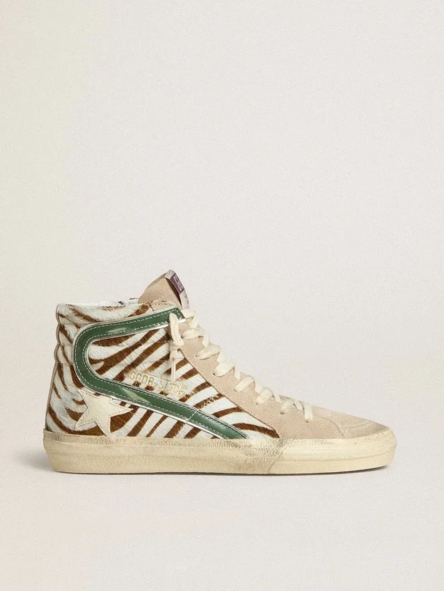 Women's Slide in zebra-print pony skin with green laminated leather flash