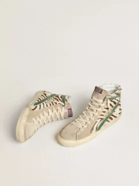 Women’s Slide in zebra-print pony skin with green laminated leather flash