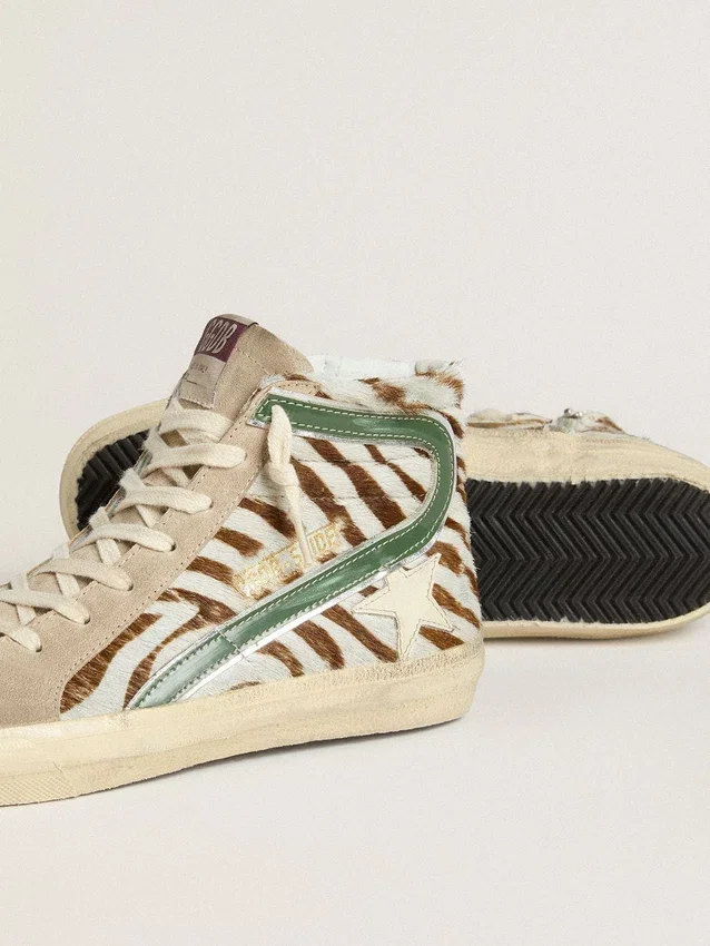 Women's Slide in zebra-print pony skin with green laminated leather flash