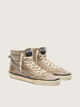 Women’s Slide LAB sneakers in tobacco-colored suede with crystals and tobacco-colored suede star