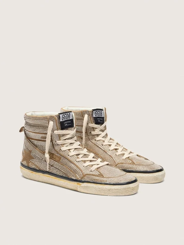 Women's Slide LAB sneakers in tobacco-colored suede with crystals and tobacco-colored suede star