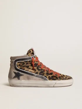 Women’s Slide LTD in leopard-print pony skin with metallic leather star and flash