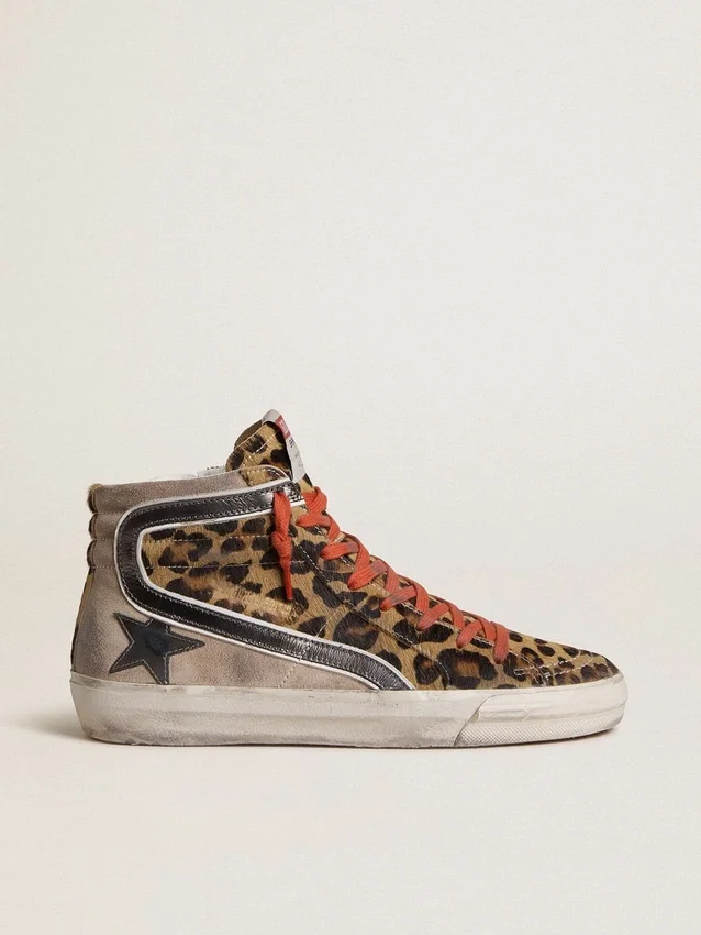 Women’s Slide LTD in leopard-print pony skin with metallic leather star and flash