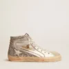 Women's Slide with laminated leather upper and silver glitter