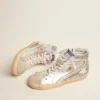 Women's Slide with laminated leather upper and silver glitter