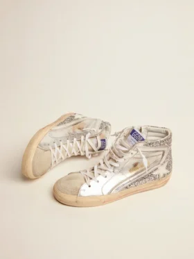 Women’s Slide with laminated leather upper and silver glitter