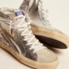 Women's Slide with laminated leather upper and silver glitter