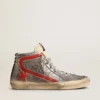 Women’s Slide with silver metallic leather upper and red metallic leather flash