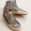 Women’s Slide with silver metallic leather upper and red metallic leather flash