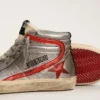 Women’s Slide with silver metallic leather upper and red metallic leather flash