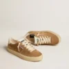 Women's Soul Star in camel-colored suede with white leather heel tab and tongue