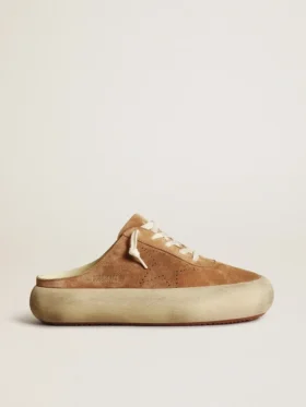 Women's Space-Star Sabot in tobacco-colored suede with perforated star