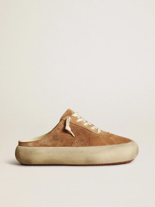 Women's Space-Star Sabot in tobacco-colored suede with perforated star