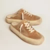 Women's Space-Star Sabot shoes in tobacco-colored suede with shearling lining