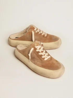 Women’s Space-Star Sabot shoes in tobacco-colored suede with shearling lining