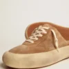 Women's Space-Star Sabot shoes in tobacco-colored suede with shearling lining