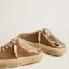 Women's Space-Star Sabot shoes in tobacco-colored suede with shearling lining