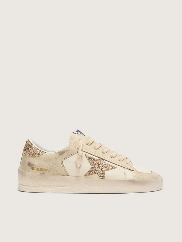 Women’s Stardan in ecru nappa leather with gold glitter star and heel tab