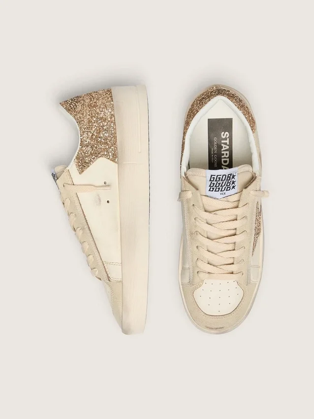 Women’s Stardan in ecru nappa leather with gold glitter star and heel tab