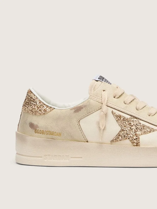 Women’s Stardan in ecru nappa leather with gold glitter star and heel tab