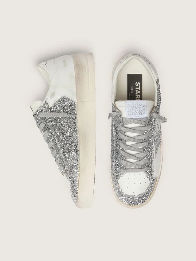 Women's Stardan in white leather and glitter