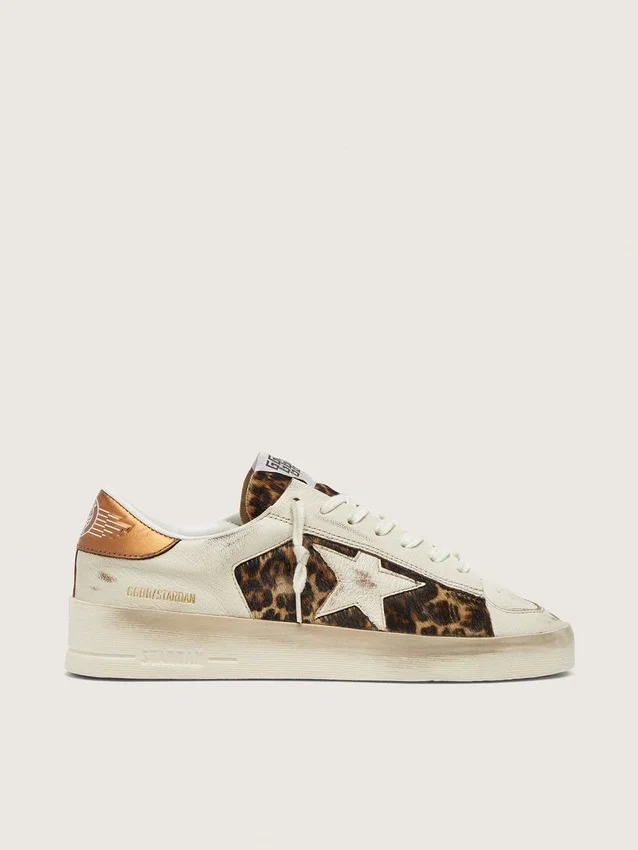 Women’s Stardan in white leather and leopard pony skin with white leather star