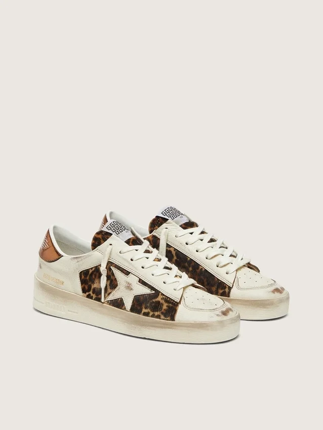 Women’s Stardan in white leather and leopard pony skin with white leather star