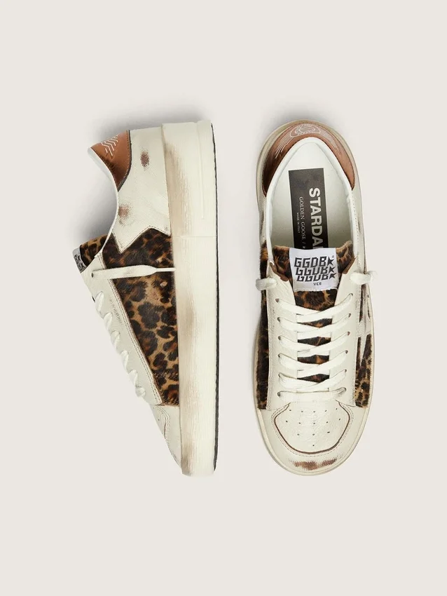 Women’s Stardan in white leather and leopard pony skin with white leather star