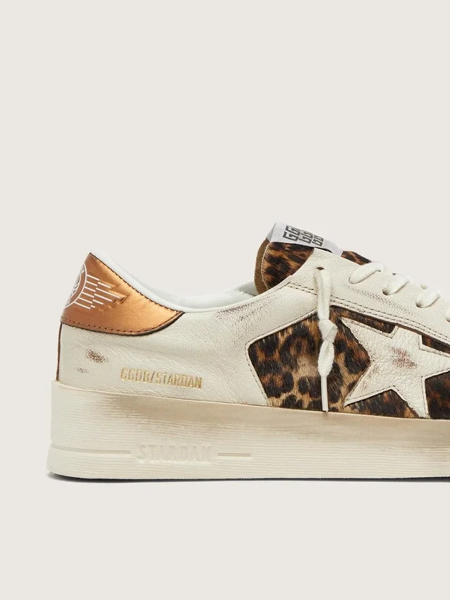 Women’s Stardan in white leather and leopard pony skin with white leather star